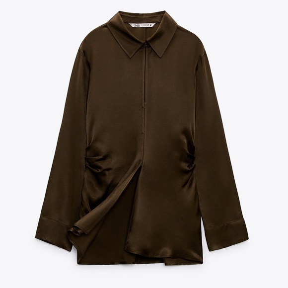 Zara satin Brown ruched side long sleeve button front collared blouse shirt - Picture 12 of 14